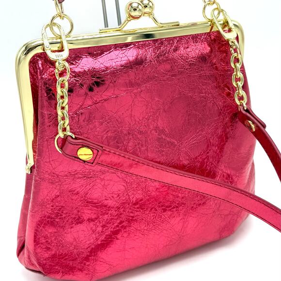 HOBO Alba Crossbody Purse Strawberry Fields Metallic Pink Leather Gold Kiss Lock - Picture 3 of 10